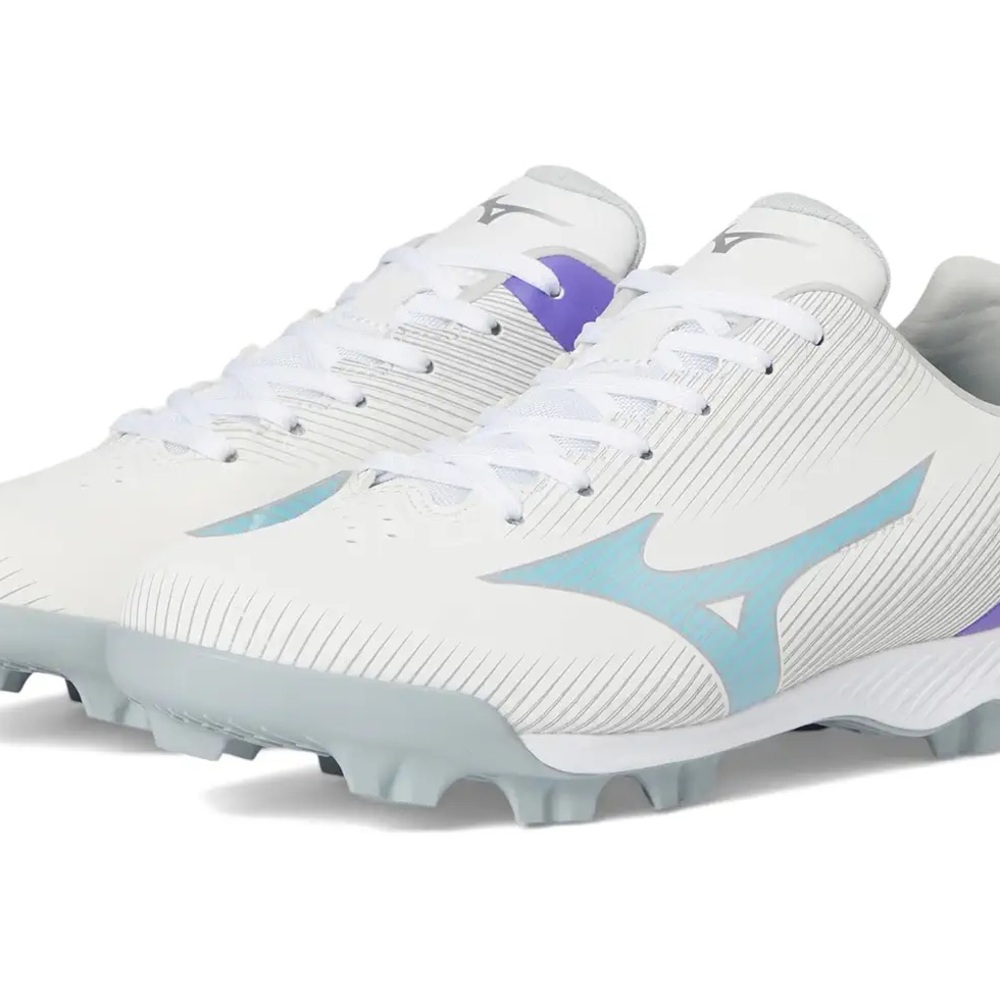 Mizuno Kids White Cleats with Light Blue and Purple Accents